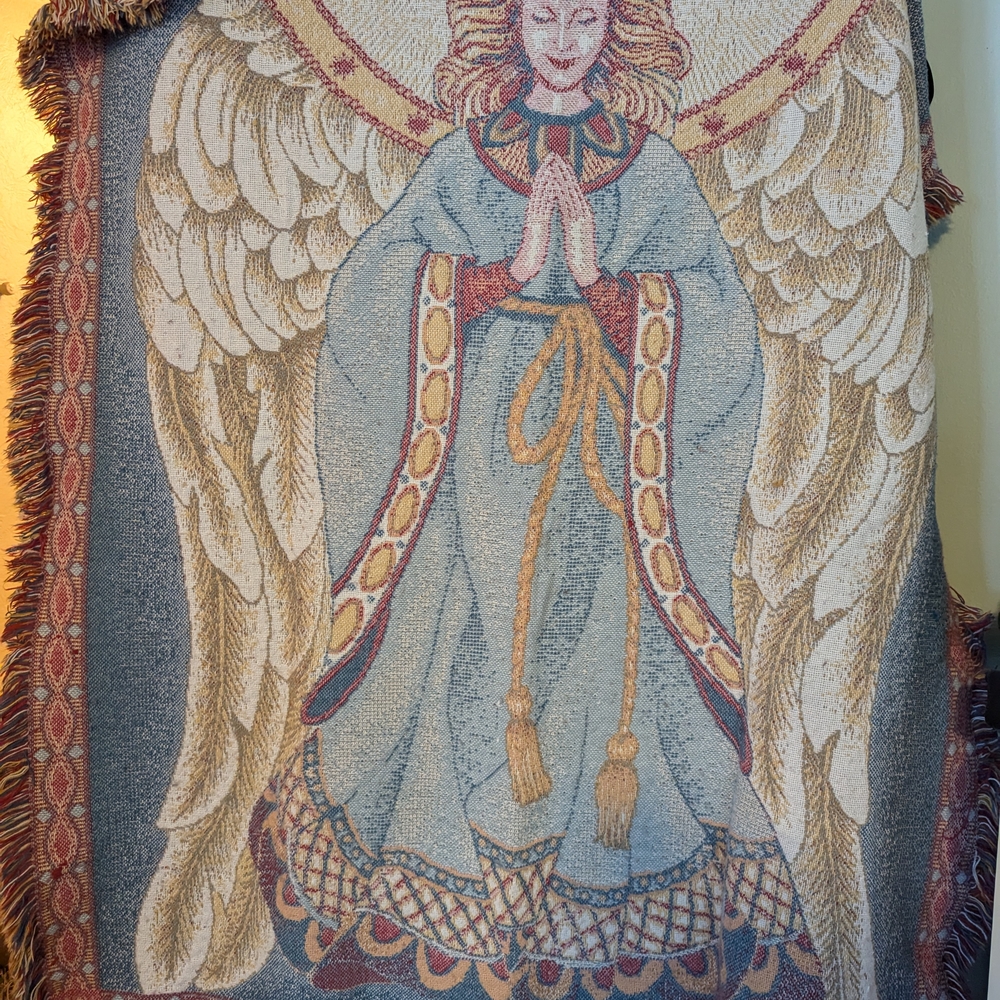 Vintage Angel Tapestry Blanket with Blue and Gold Accents